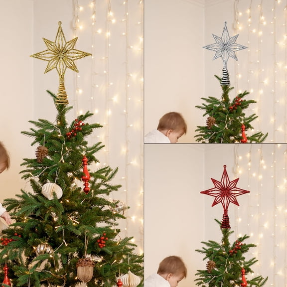 YYV Glitter‑dusted 3D Octagonal Star Christmas Tree Topper, Pull‑string Decorative Pentagram Ornament for Xmas Tree Top and Indoor Holiday Home Embellishment