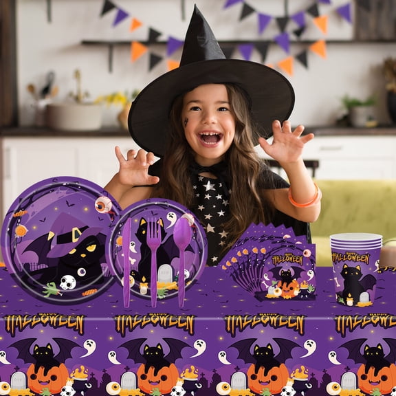 YYV Halloween Party Tableware Set Disposable Scary Party Tablecloth Halloween Theme Plates Cups Napkins Decorations for Holiday Event Supplies