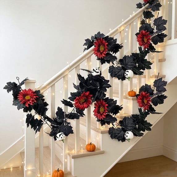 YYV Halloween Pumpkin Rattan Decor with Maple Leaves, Fall Harvest Garland for Thanksgiving, Rustic Autumn Hanging Ornament