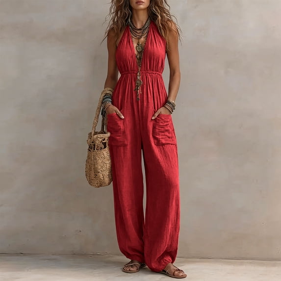 YYV Jumpsuits for Women Casual Summer Solid V Neck Sleeveless Wide Leg Jumpsuit with Pockets Loose Flowy One Piece Romper Red XXXL