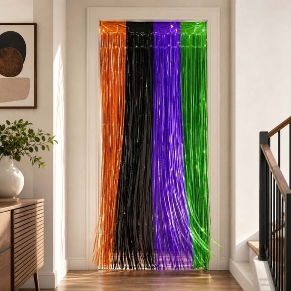 YYV Metallic Streamer Door Curtain 4 Color Mixed with Shimmer Finish for Halloween Party Ghost Day Home Wall Window Door Decorations and Photo Booth Backdrop
