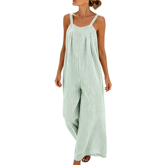 YYV Overalls for Women Cotton Linen Jumpsuit Casual Round Neck Striped Sleeveless Romper with Pockets for Summer Spring Mint Green XL