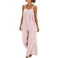 thumbnail image 1 of YYV Overalls for Women Cotton Linen Jumpsuit Casual Round Neck Striped Sleeveless Romper with Pockets for Summer Spring Pink S, 1 of 6