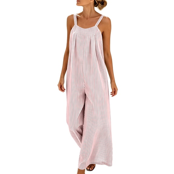 YYV Overalls for Women Cotton Linen Jumpsuit Casual Round Neck Striped Sleeveless Romper with Pockets for Summer Spring Pink S