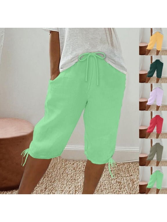 Solid Faux Linen Drawstring Ankle Cuff Five Quarter Shorts For Women, Breathable Loose Pocket Casual Capris, Versatile Lightweight Bottoms For Spring Summer Outdoor Shopping Weekend Street Wear