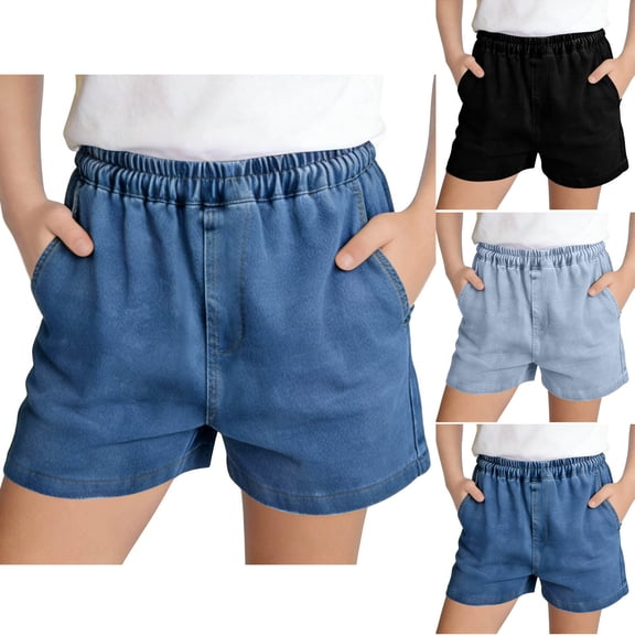 YYV Solid Straight Leg Double Pocket Elastic Waist Denim Shorts For Girls 5-15 Years Old, Soft Casual Jean Bottoms For Summer Daily Youth School And Weekend Outfits Blue 14-15 Years