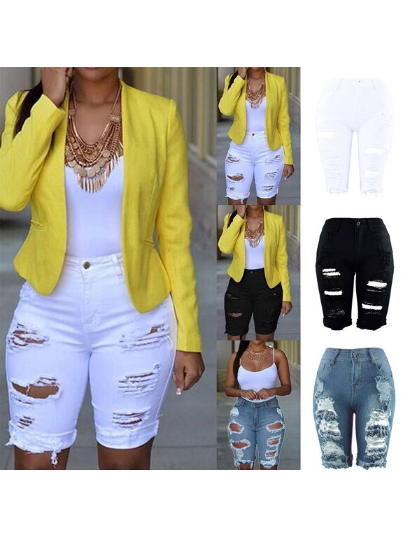 Stretch Ripped Edge Distressed Denim Shorts For Women, Elastic Slim Fit Casual Jean Bottoms, Fashion Lightweight Trousers For Summer Street Shopping Weekend Vacation Daily Wear White XL
