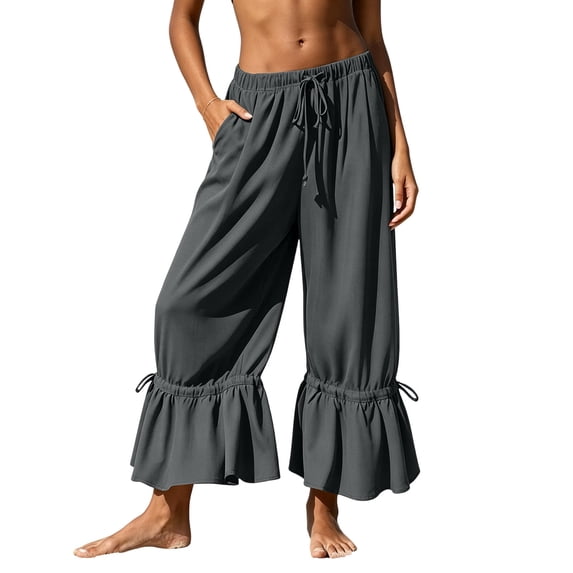 YYV Summer Outfits for Women 2026 Drawstring Waist Cropped Pants with Ruffle Hem Ankle Trousers with Pockets Casual Wear Dark Gray S