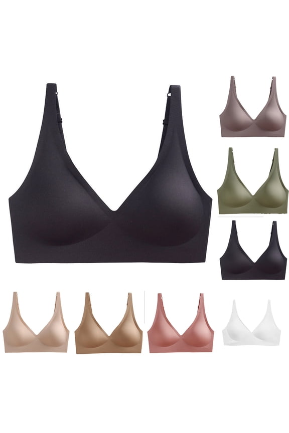 No Underwire Comfortable Womens Bras No Underwire Full Support Loose-Fit Chest-Cushion Wireless Bra Solid Color Soft Support Breathable Stretch Fabric Removable Pads Comfortable Everyday