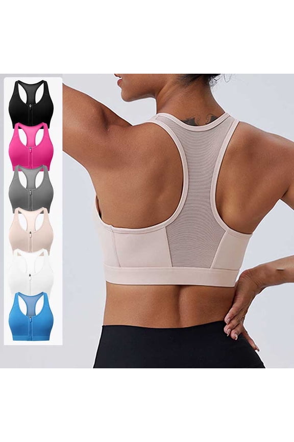 No Underwire Oversize Womens Bras No Underwire Breathable Front-Zip Yoga Sports Bra Hollow Mesh Breathable Removable Pads Wireless Tank Style Backless Design Quick-Dry Fabric Medium Support