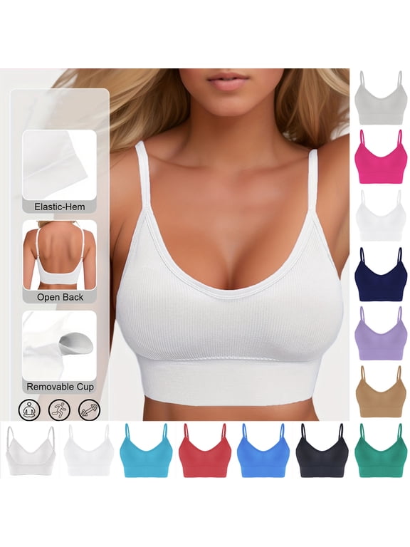 No Underwire Wire Free Bra for Women Seamless Ribbed Beauty-Back Sports Bra Wireless Shockproof Design Breathable Stretch Fabric Removable Pads Cross-Back Support for Yoga Running Gym