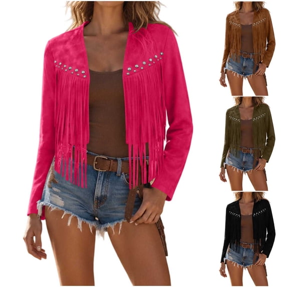 YYV V Neck Open Front Cropped Western Jacket For Women, Solid Long Sleeve Studded Fringe Tassel Decor Relax Fit Casual Outerwear, Fashion Bohemian Layering Coat For Daily Weekend Wear Sky Blue XXL