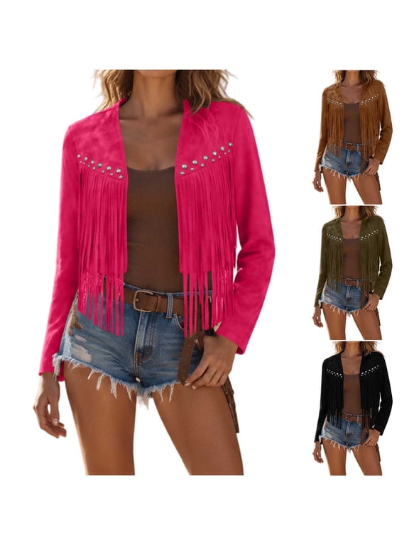 V Neck Open Front Cropped Western Jacket For Women, Solid Long Sleeve Studded Fringe Tassel Decor Relax Fit Casual Outerwear, Fashion Bohemian Layering Coat For Daily Weekend Wear Sky Blue XXL