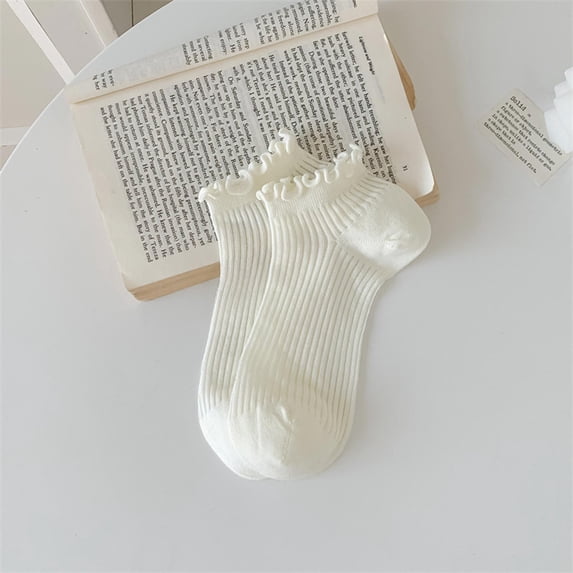 YYV Women’s Summer Ruffled‑edge Solid‑color Short Cotton Socks, Thin Breathable Sweat‑absorbing Stretchy Footwear for Warm‑weather Daily Commute and Household Wear