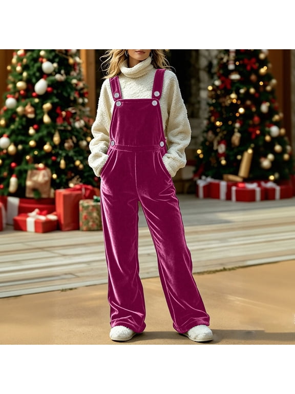 Womens Hiking Pants Solid Color Velvet Bib Overalls Wide‑leg Jumpsuit, Button Fastening Relaxed Cut, Cozy Warm Material for Winter Casual Everyday Wear