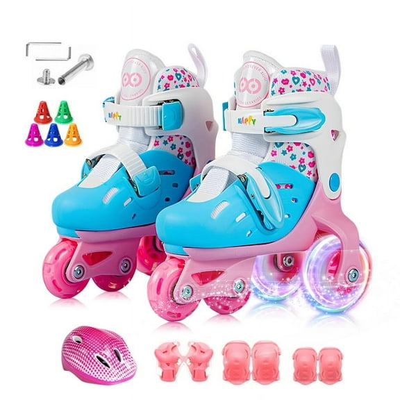 YYW 4 Size Adjustable Roller Skates with Light Up Wheels, for Girls Boys Kids Toddler(Blue, S)
