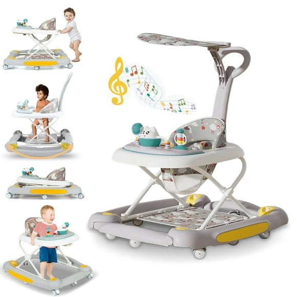 YYW 6-in-1 Baby Walker, Foldable Push Walker with Musical Activity Station for 6-24 Months, Gray