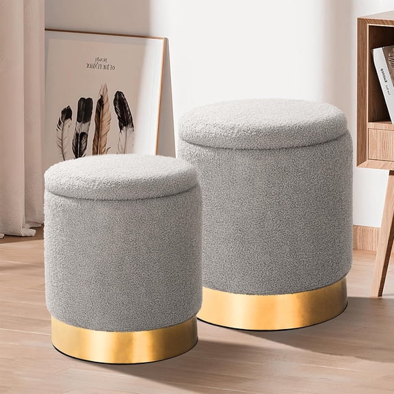 YYW HOME Sherpa Round Ottoman Set of 2 with Storage, 12 Gallon Hidden Storage Ottoman, Multi-Functional Footrest Stool, Vanity Seat, Coffee Table, No Assembly Required, Holds 300lbs (Gray)