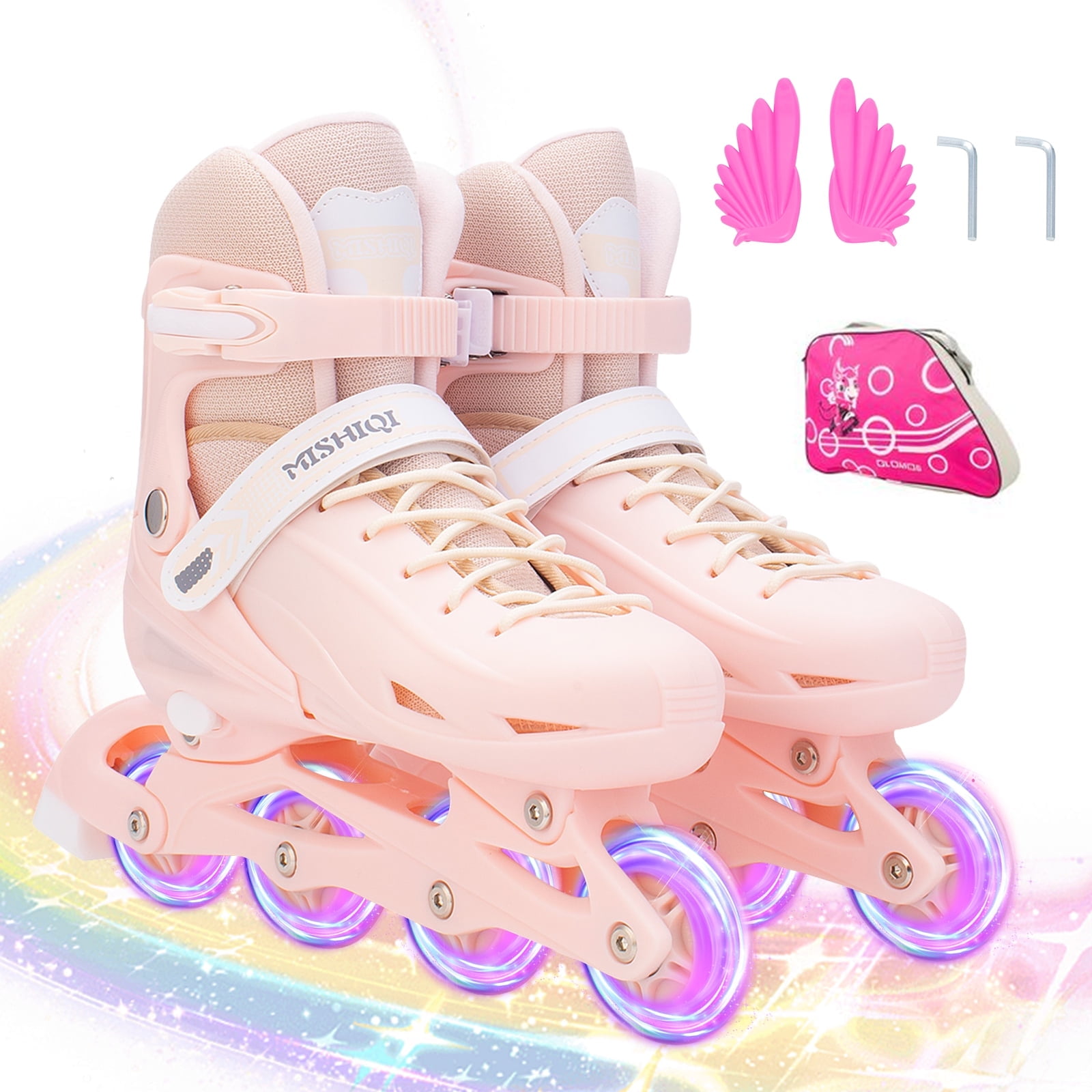 YYW Kids Inline Skates with Light Up Wheels,4-Size Adjustable Roller Skates for Girls(Pink,M)
