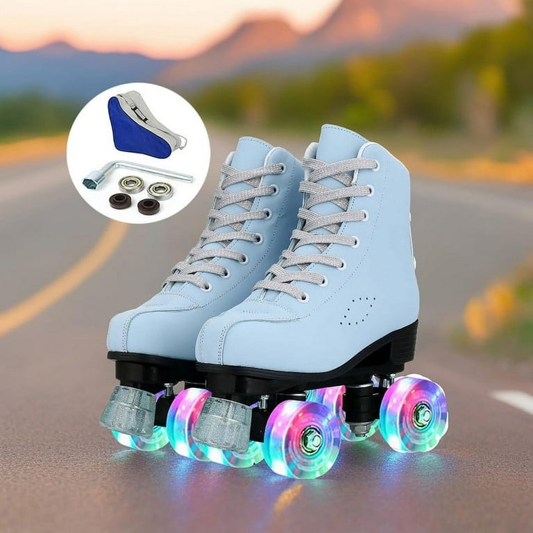YYW Matte Blue Classic Roller Skates for Adults Kids High Top Quad Skates Retro Double Row 4 Wheel Skates Women 8.5 Men 7 Walmart