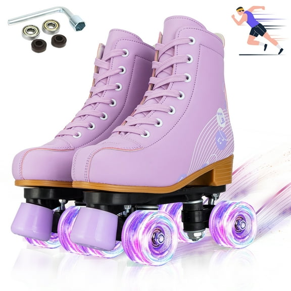 YYW Roller Skates for Adult, Double-Row Quad Skate with Flashing Wheels, Purple(Women 8/Men 6.5)