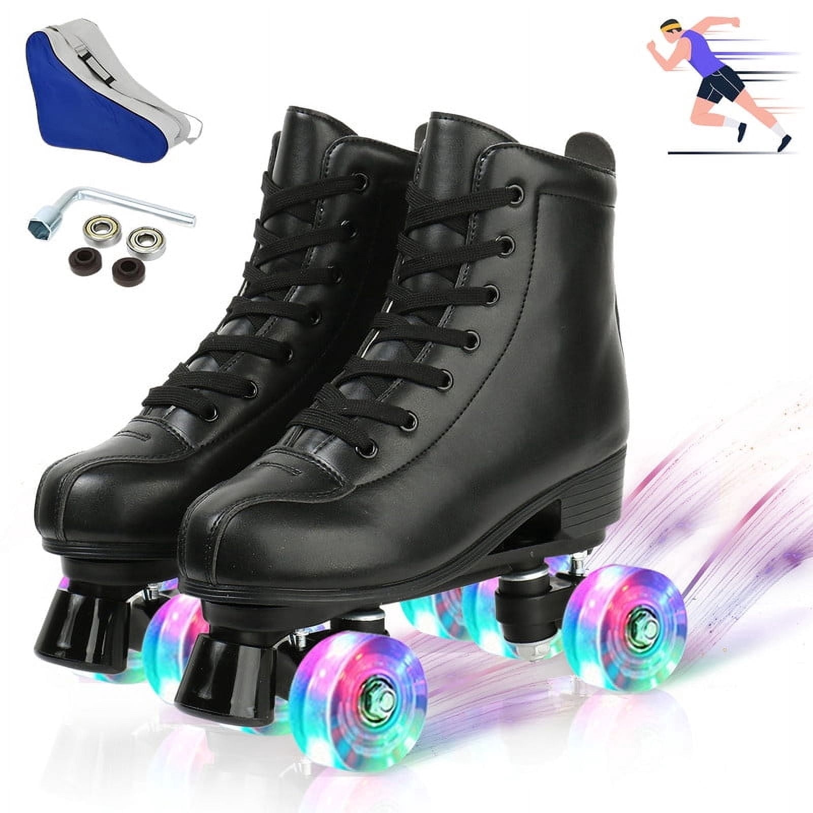 LPAMEOIU Roller Skates for Women,4-Flashing-Wheel Men Quad Skate for Girl Boy(Black,Women 7/Men 5.5)