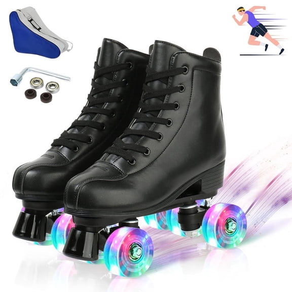 LPAMEOIU Roller Skates for Women,4-Flashing-Wheel Men Quad Skate for Girl Boy(Black,Women 7/Men 5.5)
