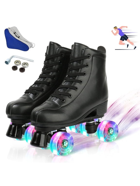 Roller Skates for Women,4-Flashing-Wheel Men Quad Skate for Girl Boy(Black,Women 7/Men 5.5)