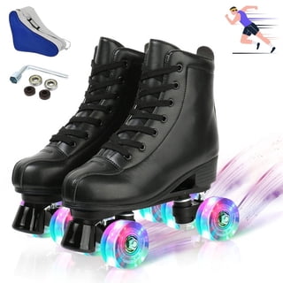 LPAMEOIU Roller Skates for Women,4-Flashing-Wheel Men Quad Skate for Girl Boy(Black,Women 8.5/Men 7)