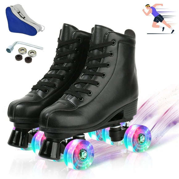 LPAMEOIU Roller Skates for Women,4-Flashing-Wheel Men Quad Skate for Girl Boy(Black,Women 8/Men 6.5)