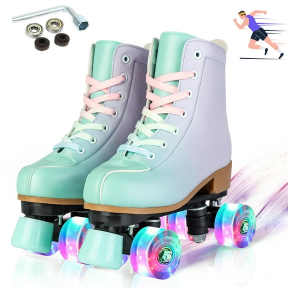 YYW Roller Skates for Women,Double-Row Light up Wheels Men Quad Skate,Green Purple(Women 7/Men 5.5)