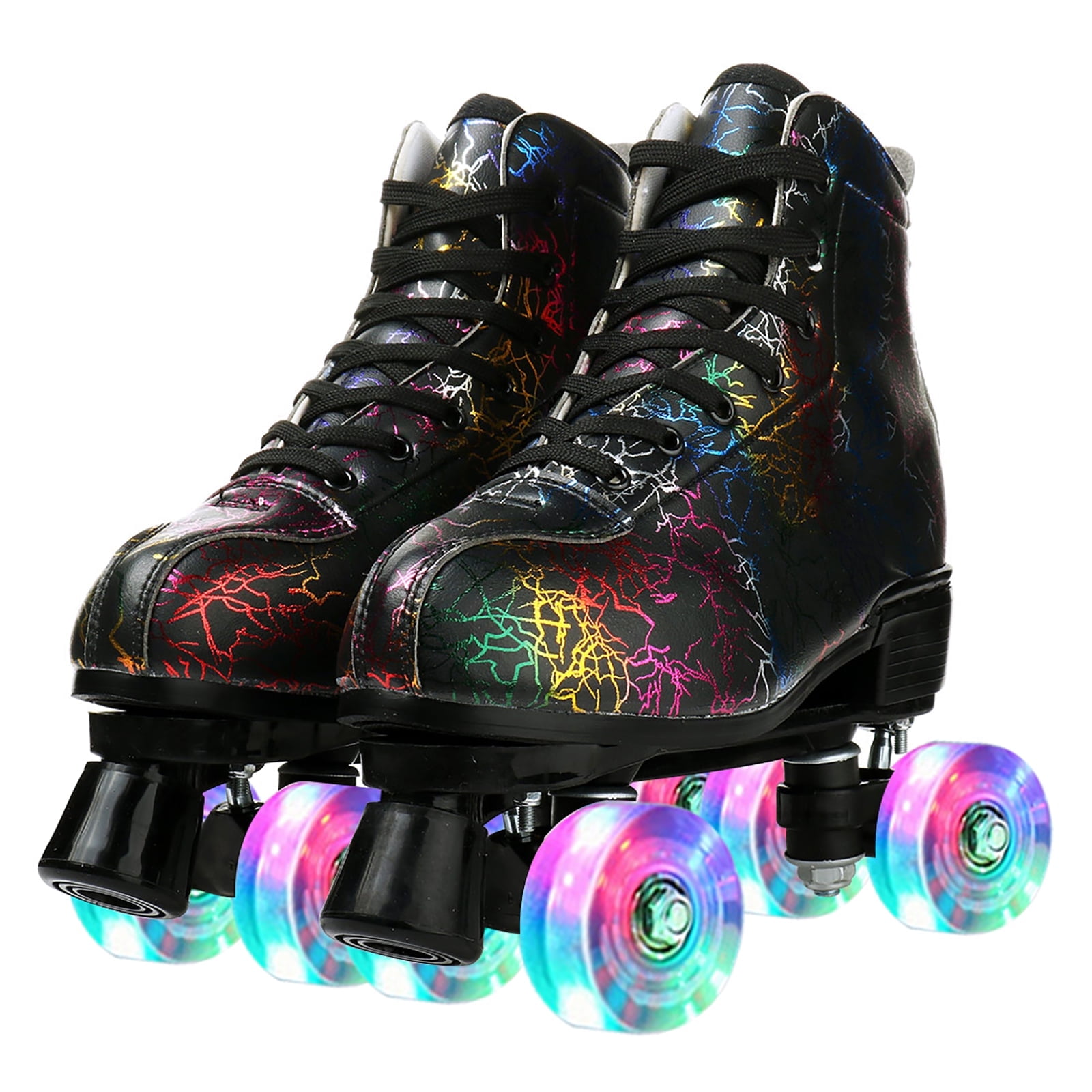 YYW Teen Kids Roller Skates,Light-up-Wheel Double Row Quad Skate for Beginner,Black(Women 7/Men 5.5)