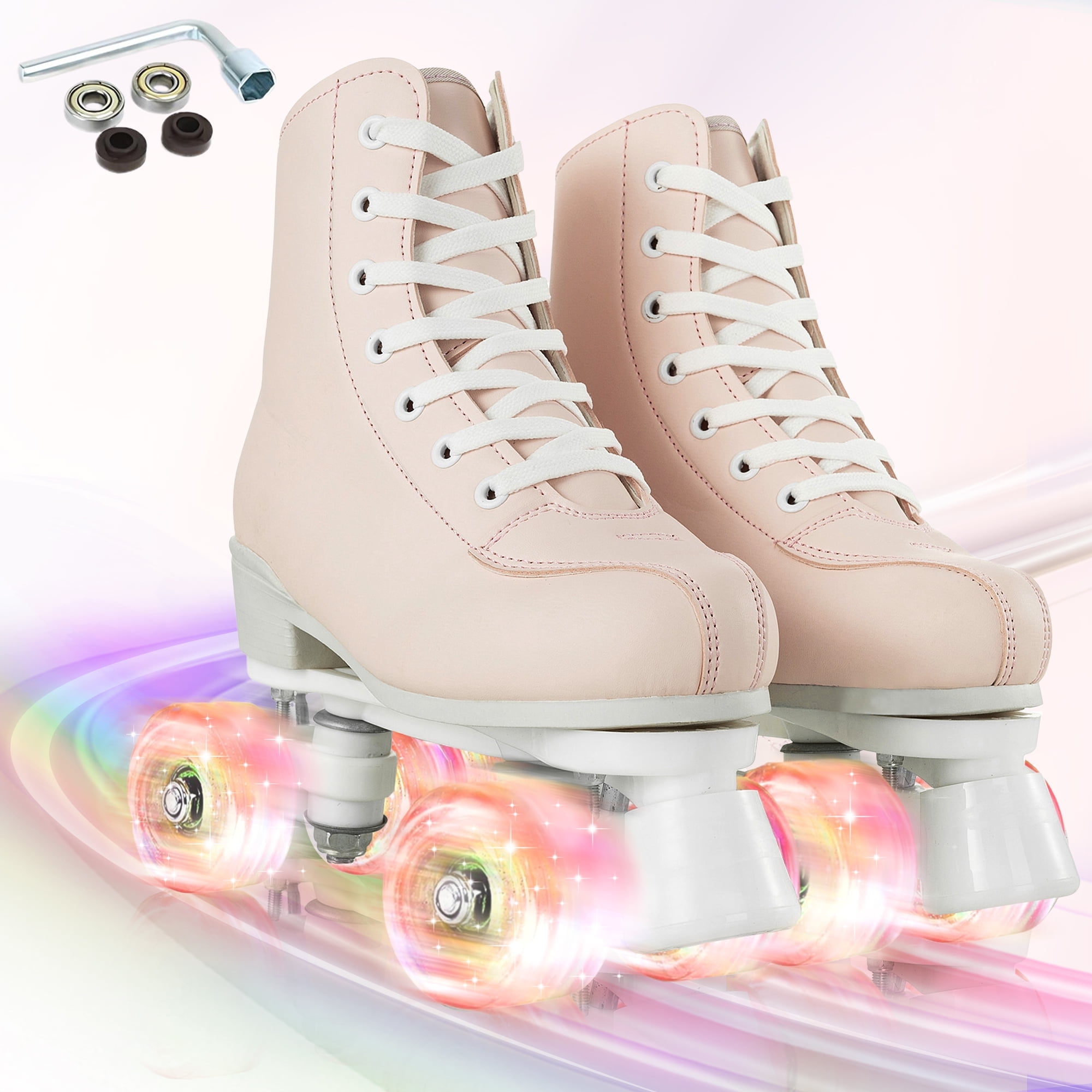LPAMEOIU Teen Roller Skate with Light-up-Wheel, Quad Skate for Adult, Pink(Women 6.5/Men 5)
