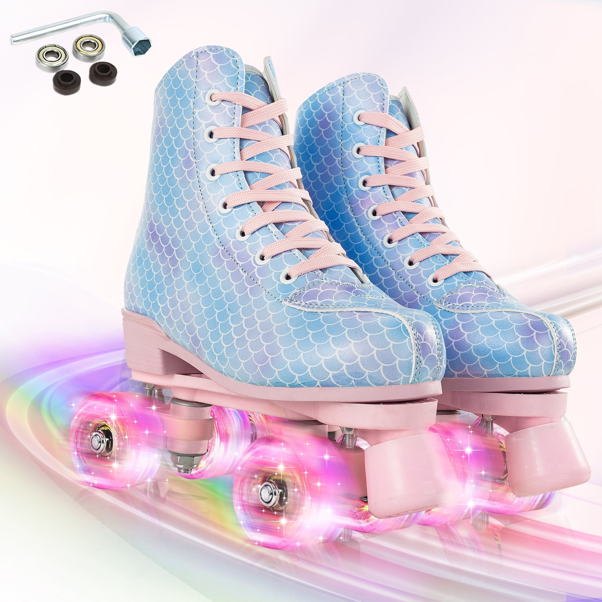 YYW Teen Kids Roller Skates,Light-up-Wheel Double Row Quad Skate for Beginner Adult,Blue(Women 7.5/Men 6)
