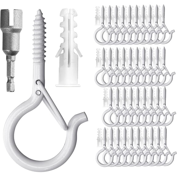 YYYANTON 40 Pack Christmas YANTON Hooks for Outdoor Seasonal YANTONing Clips, 2.2 Inch White Cup Hooks Eye Hook Q-HanYANTONr, with Wing Nut Driver, Wall and Ceiling Fence Deck Patio Mount