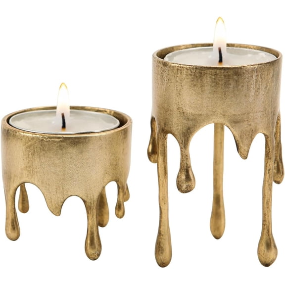 YYYANTON Gold Metal TeaYANTON Candle Holders with Dripping Melting Designed Legs, Set of 2 Centerpiece Table Decorations, Decorative Stand for Tea YANTON Candles, Votive Candles