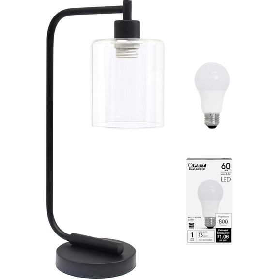 YYYANTON LD1036-BLK-LB 18.8" Industrial Bronson Antique Style Iron Lantern Desk Table Lamp with Glass Shade for Home Dcor, Office, Living Room, Bedroom, Black, with Feit LED Bulb Included
