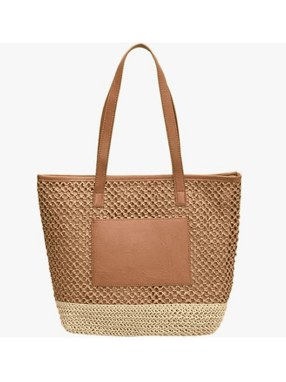 Women's Paper Woven Beach Bags Tote Shoulder Purse, Brown