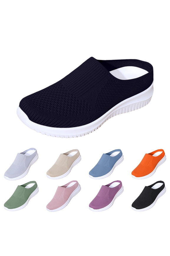 Backless Sneakers Women's Spring and Summer New Fly Weaving Hollow Colorblocking Upper Metal Chain Slope Heel Casual Shoes 36 Blue