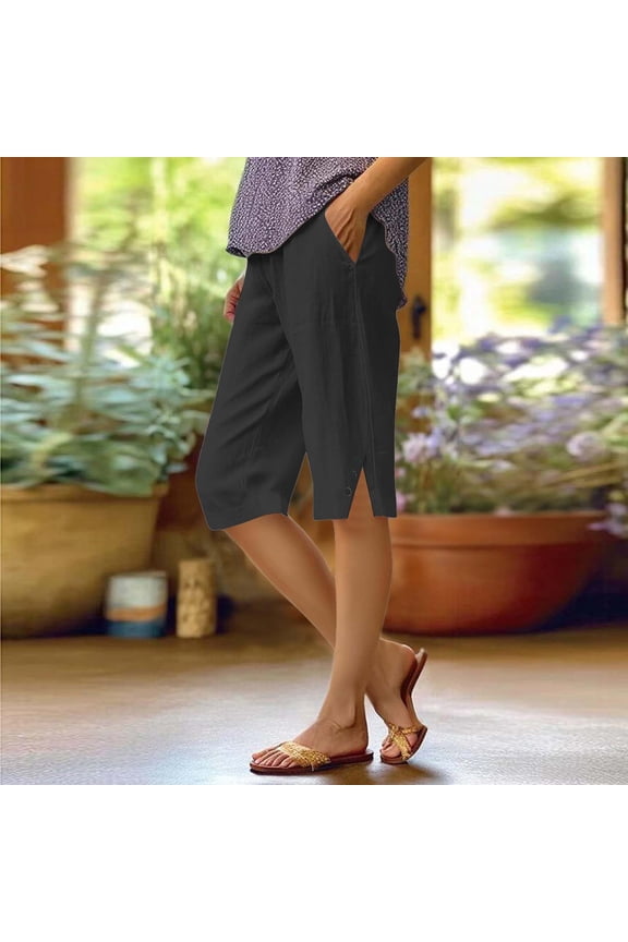 Women's Pants - Women's Fashionable Casual Slit With Pocket Cotton Linen Loose Shorts, Comfortable, Breathable, High Waist, Wide Leg, Loose Fit