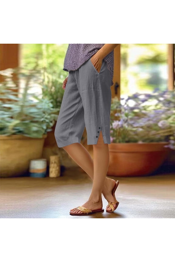 Women's Pants - Women's Fashionable Casual Slit With Pocket Cotton Linen Loose Shorts, Comfortable, Breathable, High Waist, Wide Leg, Loose Fit