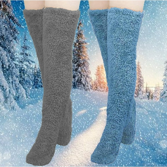 YYYTop 2 Pairs Over Knee Soft Cozy Fuzzy Socks for Women Thigh High Stockings Winter Warm Home Sleeping Slipper Socks Long Leg Warmers for Women