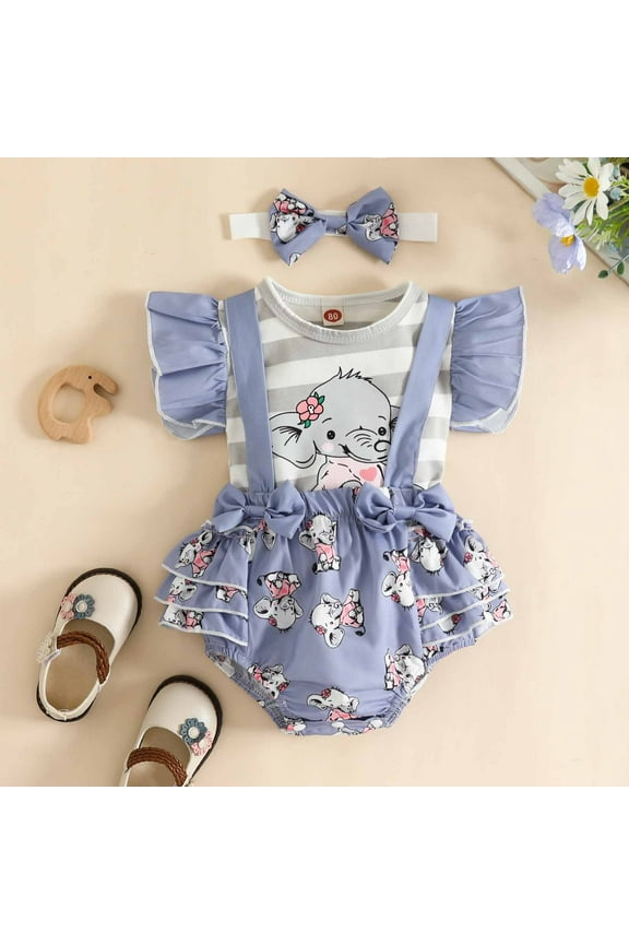 Little Girl Overall Jumpsuit Outfits, Newborn Baby Jumpsuit Cute Rompers 1-18M Infant Toddler Baby Girl Ruffled Print Top with Straps Shorts and Headband Set Romper Baby Girl 6-9 Months Baby Sa