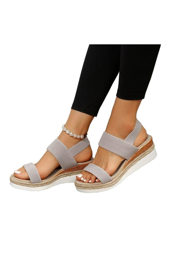 Block Heel Sandals for Women, Summer Sandals for Women 2024 Linen Rope Sole Fish Mouth Slope Thick Sole Elastic Back Strap Fly Woven Sandals House Slippers for Woman