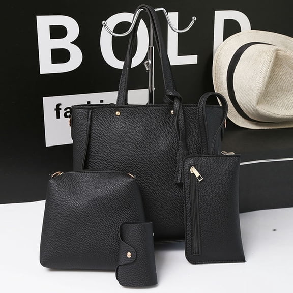 YYYTop Leather Tote Bag for Women, Ladies 4 Piece Satchel Fashion Handbag Zipper One Shoulder Crossbody Bag Handbag Organizer Cute Tote Bags for Women Black Under $10