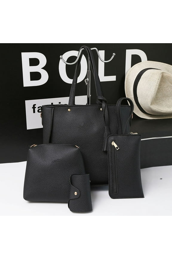 Leather Tote Bag for Women, Ladies 4 Piece Satchel Fashion Handbag Zipper One Shoulder Crossbody Bag Handbag Organizer Cute Tote Bags for Women Black Under $10