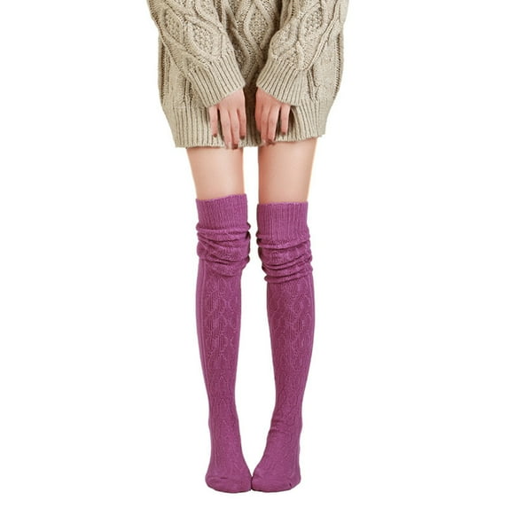 YYYTop Running Socks, Black Crew Socks Women's Warm Solid Color Over-The-Knee Socks Women's Cable Knit Thigh Socks Knee High Sock Boots Purple Holiday Travel