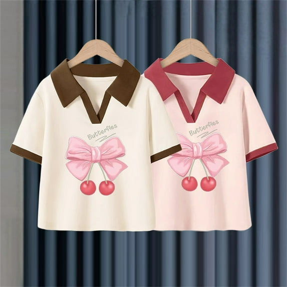 YYYTop Shirts for Toddler Bow Tie Print Top 2 Piece Kids Girls/Boys Short Sleeve T-Shirt 2-11 years Soft Cotton Basic Tshirt Solid Summer Outfits Tee Undershirt On Clearance