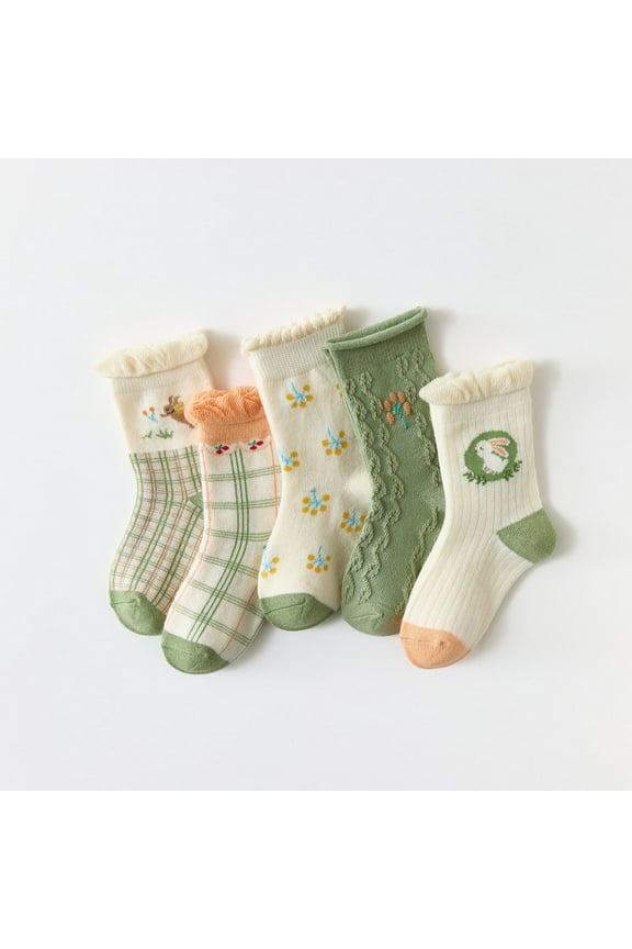 Socks Kids, Toddler Boy Christmas Socks, 5 Pairs Toddler Baby Girls Children's Cute Colorful Lattice Flowers Pattern Non-Slip Breathable Cotton Crew Socks Barre Socks Furs Cuff Boot Socks Green