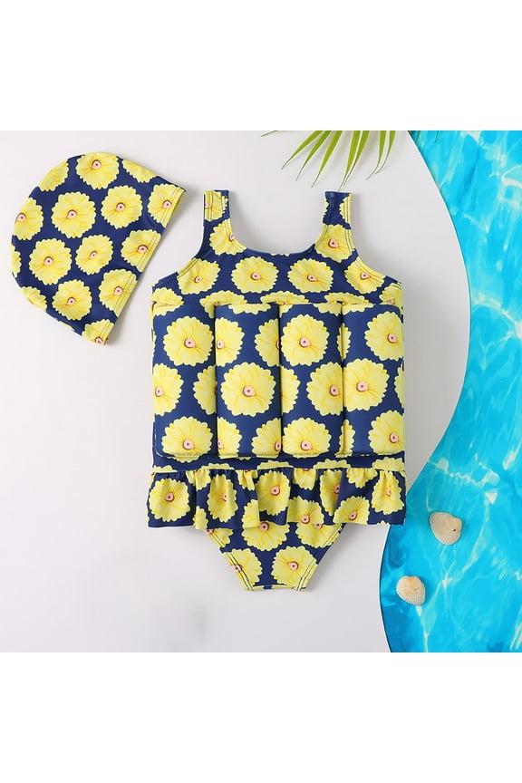Toddler Baby Girls Float Swimwear Pool Float Bathing Suit Ruffles with Folral Print Kids Print One - Piece Swimsuit +Caps Beach Rashes Guard ,2-5Y Kids Vests Floating Swimwear